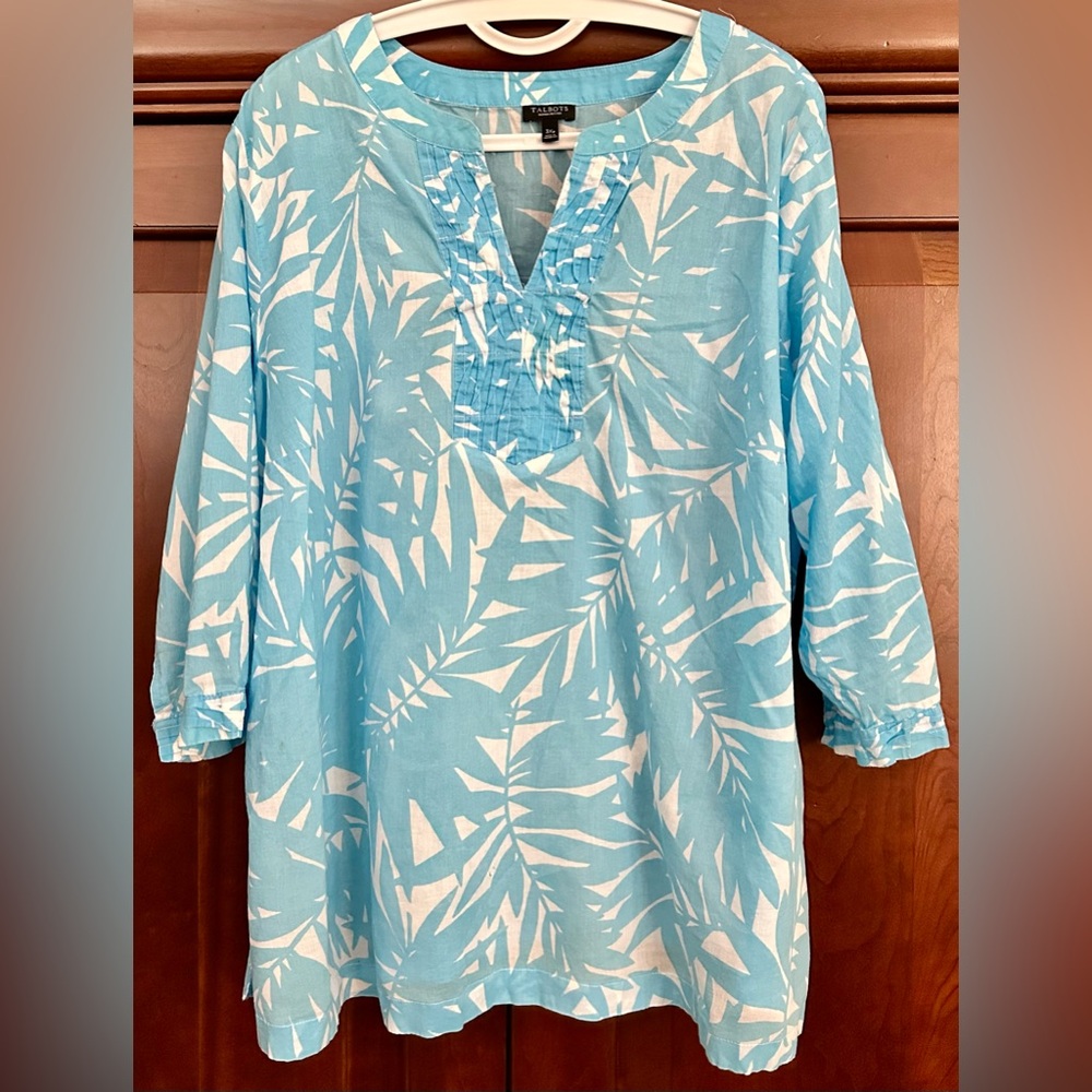 Talbots White and Blue 3/4 Sleeve Cotton Tunic